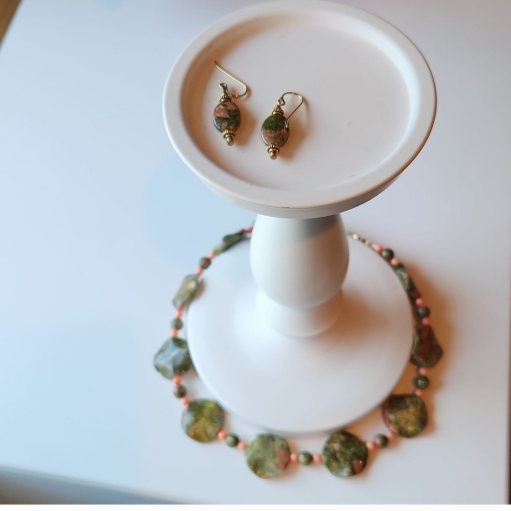 Statement Necklace & Matching Earrings, Coral & Green Acrylic Stones/Beads